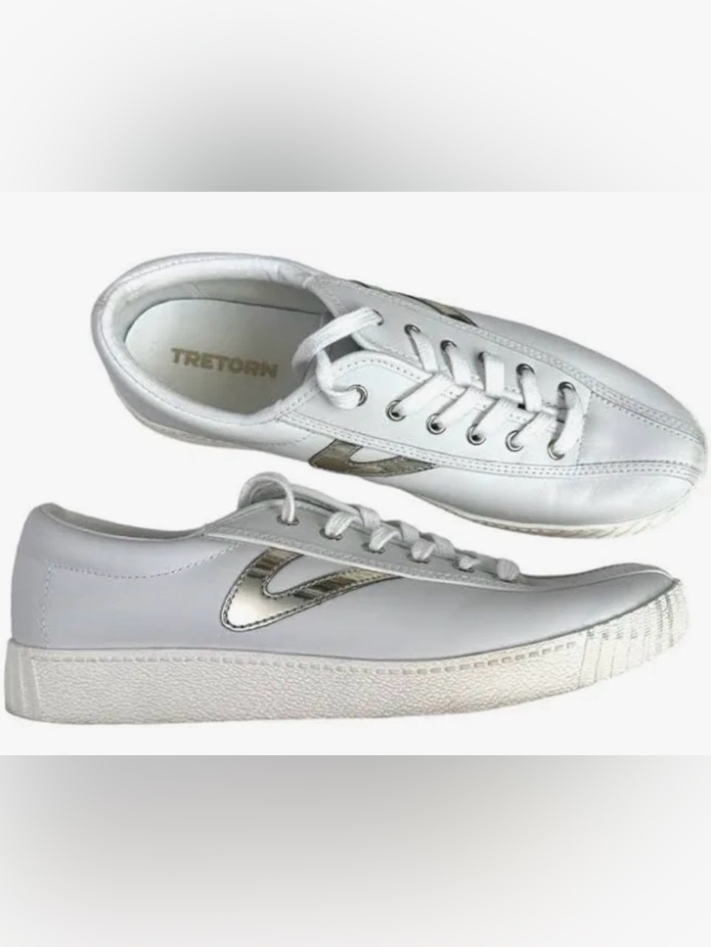 Tretorn White Leather Low-Top Sneakers with Gold Accent size 8
